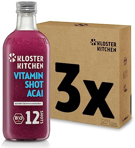 Kloster Kitchen Bio Ingwer Shot Acai 12SHOTS 360 ml mit echten Ingwerstückchen I Ingwershot vegan I 12 Shots je Glasflasche I süß-scharf ohne Zusatzstoffe & mit natürlicher Süße (360 ml (3er Pack))