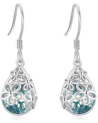Daisy Earrings for Women 925 Sterling Silver Moss Agate Daisy Earrings Daisy Dangle Earrings Flowers Moss Agate Drop Earrings Hypoallergenic Daisy Jewellery for Women Girls