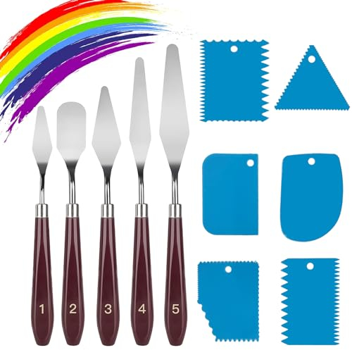 11 Pcs Palette Knife Set, 5 Pcs Stainless Steel Palette Knives and 6 Pcs Plastic Scrapers, Painting Accessories Art Supplies for Oil Acrylic Canvas Painting,Blue