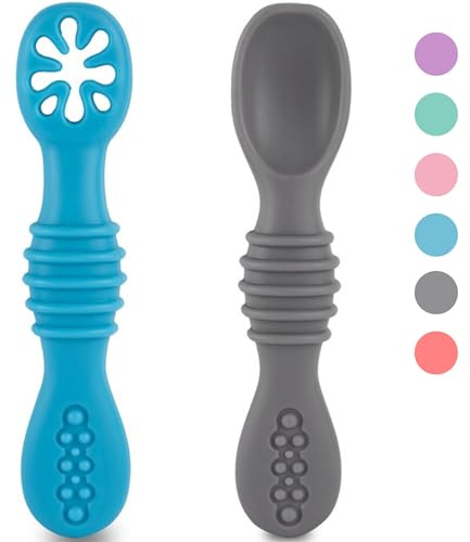 HOMYBABY® Silikon-Baby-Löffel – Babylöffel ab 6 Monate und für 2 Phasen – BLW Antibakterielles Esslernbesteck – Baby-Besteck mit 2 ergonomischen Baby-Löffeln – Babybesteck (E, x2)