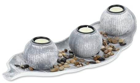 Relaxdays Teelichthalter Set mit Tablett & Steinen, 50 cm lang, Tischdeko Wohnzimmer, Esszimmer, Kerzenhalter, grau/weiß