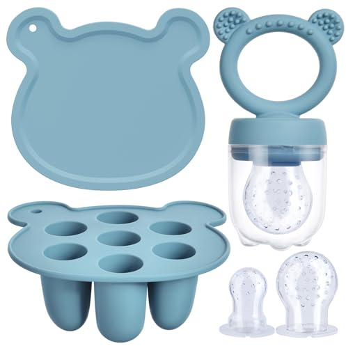 Aolso Fruchtsauger Baby, Baby-Früchte-Futterspender-Set, Babynahrungs-Aufbewahrungsbehälter, Silikon-Baby-Früchte-Futterspender für Schnuller und Muttermilch-Eis am Stiel (Blau)