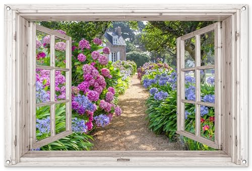 MuchoWow© Gartenposter Groß XXL Outdoor Bilder Gartendeko für draußen | 120x80 cm - Wetterfest Sichtschutz Garten Deko PVC Banner Bild Hortensie - Fensterblick - Blumen - Sommer - Lila
