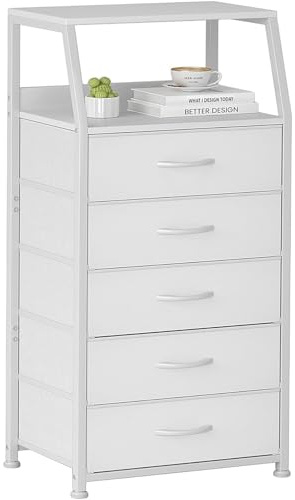 Kommode mit 5 Schubladen aus Stoff, Hoch Schmal Komodenschrank Aufbewahrungsschrank für Schlafzimmer, 2-Tier Holzplatte Stoffkommode, Industrieller Schrank für Wohnzimmer Kinderzimmer Flur, Weiß