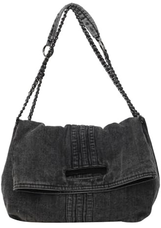 XACKWUERO Sac à bandoulière en denim pour femmes avec bandoulière à chaîne | Grand format, sac à bandoulière rétro, poignées ajourées, rabat, pour l'épicerie, le travail et les déplacements