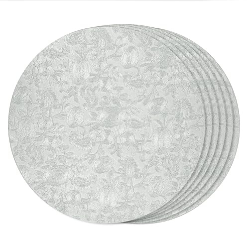 Fanquare Tovagliette in Ecopelle 38cm Tovagliette Rotonde d'Argento Set di 6 Tappetini da Tavolo Resistenti al Calore Lavabili Antiscivolo Ricamate per Tavolo da Pranzo Cucina