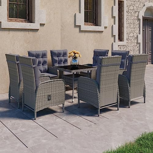WEMYUFURN 9-TLG. Garten-Essgruppe Poly Rattan und Glas Grau, Outdoor-Sitzgruppe, Terrassen-Lounge-Set, Garten-Couchgarnitur - Wetterbeständig, Komfortabel - für Terrasse, Garten und Balkon