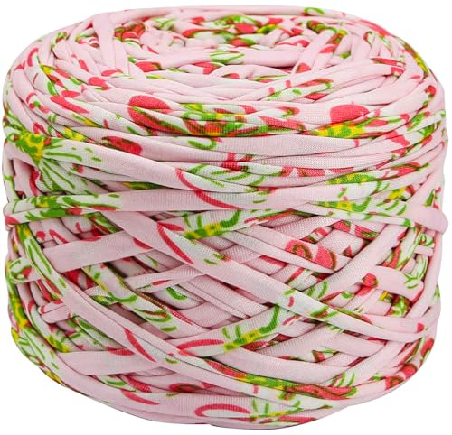 SIMEIQI T-Shirt Garn 400g, Elastisches Häkelgarn Deko Rosa Blumen | Elastischer Stoff, 120m, Für Taschen, Körbe & Kissen, Dickes Spaghetti-Garn, Einfache DIY-Projekte