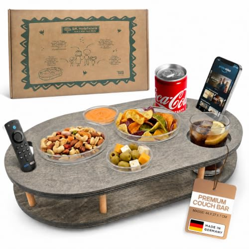 Couchbar Snackbox in grau mit 4 Glasschalen - Sofabar für Snacks und Getränke - Couchtabletts mit Getränkehalter - Sofa Butler - Snackbar für die Couch - Snackbox Couch Buddy