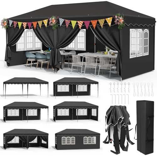Carpa Plegable Pop-up 3x6M,Gazebo 3x6 con un Solo Empuje, Impermeable Pabellón de jardín con 4 Paneles Laterales, Tienda de campaña para Fiestas al Aire Libre, para Festival/Camping/Mercado, Negro