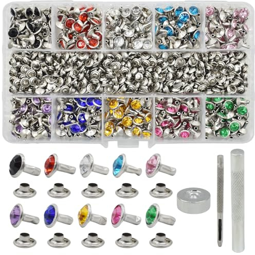 BDS-HOME Juego de 400 remaches de diamantes de imitación de 7 mm, 10 colores, remaches de cristal de circonita cúbica con tachuelas tubulares de metal, 3 herramientas para ropa, actuaciones, artes y
