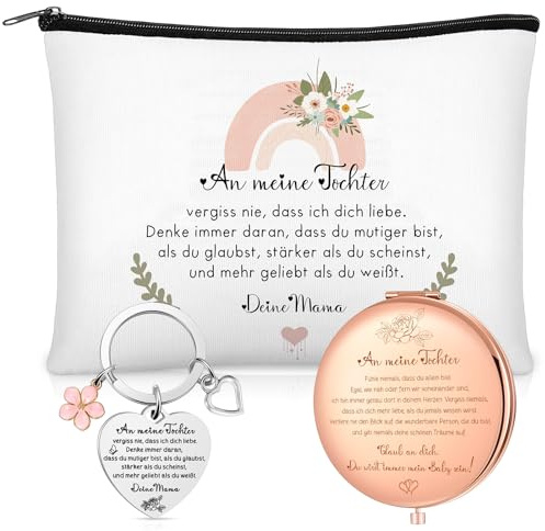 Xuniea Geschenkset Tochter 1 Tasche 1 Spiegel 1 Schlüsselanhänger | Personalisierte Schminktasche, Geschenk von Mama zum 18. Geburtstag