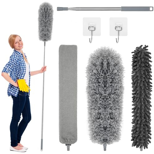 TAOPE Staubwedel Teleskop Waschbar, Staubwischer Stange und Biegbar Eckbesen, Duster Mikrofaser Edelstahl lang ausziehbar bis 245cm, Grau Staubbürste für Lücken Decken Spinnweben Deckenventilator