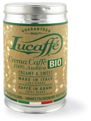 Lucaffè - boîte à café grain Crema Caffè Bio, 250 Gr | grain de café pour expresso machine a cafe grain | Torréfaction moyenne | Goût doux et crémeux | Arôme intense et enveloppant | Fair Trade