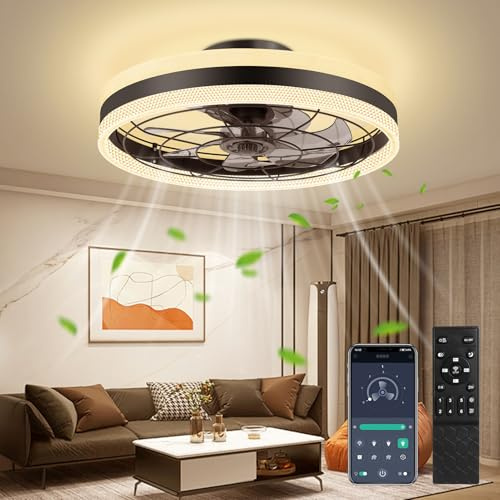 wowspeed Modern Deckenventilator mit Beleuchtung und Fernbedienung, Dimmbare LED Deckenleuchte mit Fernbedienung und APP, 3 Lichtfarben, 6 Windstufen, Lampe mit Ventilator Leise, Schwarz, 50cm, 70W