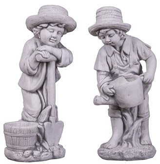 gartendekoparadies.de Gartenfiguren Steinfigur-Set mit Zwei Jungen-Figuren, 68 cm Höhe, Grau, 36 und 31 kg, Steinguss, frostsicher für Außenbereich