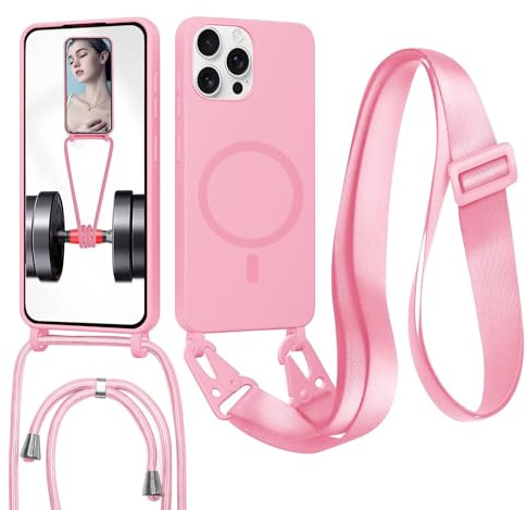 GoodcAcy Crossbody snodd fodral för iPhone 12/iPhone 12 Pro, [kompatibel med MagSafe] magnetiskt fodral med rem justerbar och avtagbar hals, anti-fingeravtryck, rosa