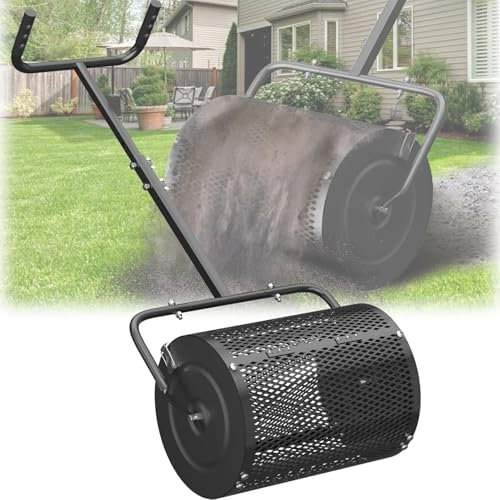 BCSRVCE Compost Spreader, Peat Moss Spreader with Adjustable U-Shaped Handle, 16 inch Heavy Duty Metal Fertilizer Spreader Roller for Lawn Top Soil, Top Dressing, Seedling, Mulch, Manure