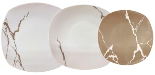 Omniacasa Juego de platos llanos de 18 piezas para 6 personas | Resistente porcelana blanca y gris claro diseño moderno mármol elegante refinado | Uso diario, lavable en lavavajillas