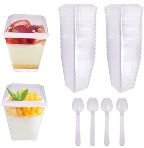 Primasage 50 Piezas Vasitos Aperitivos Plastico, Vasitos para Postres Reutilizable 150 ml Vasos para Postres con Cucharas Plástico para El Picnic de la Fiesta de Mousse con Pudín de Helado