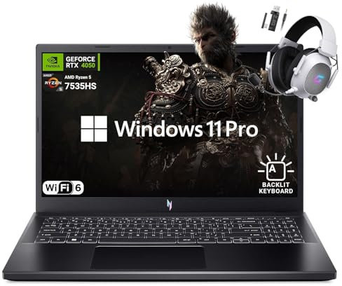 acer Nitro V 15.6 Gaming Laptop, AMD Ryzen 5 7535HS Hexa-Core, NVIDIA GeForce RTX 4050, 144Hz FHD IPS, 16GB RAM, 512GB SSD, WiFi 6, Backlit Keyboard, Windows 11 Pro