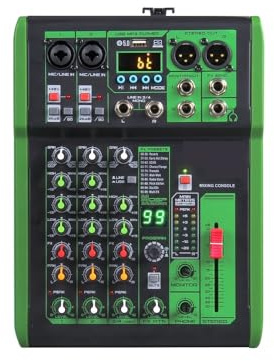 OUTFYT Console de mixage DJ avec 99 Effets numériques DSP, Alimentation fantôme 48V, USB MP3,Une ExpéRience Sonore Plus IntéRessante(4 Channels)