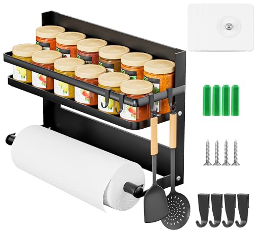Jokisa Estante de especias de pared con rollo de cocina y 4 ganchos, organizador de cocina sin taladrar, ahorra espacio y orden en la cocina