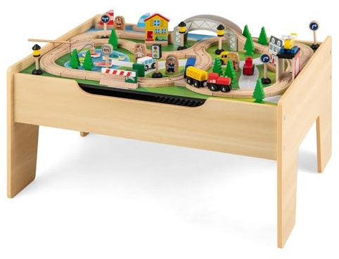 LIFEZEAL Kinder Spieltisch mit Holzeisenbahn, 78 teiliges Kinderspielzeug Set Holz, Multifunktionaler Aktivitätstisch Bausteintisch Maltisch für Jungen & Mädchen, 79 x 51 x 15 cm