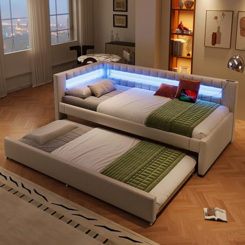 Polsterbett Einzelbett 90x200, Schlafsofa Tagesbett mit Ausziehbett&LED-Licht&USB Ladefunktion, Jugendbett Funktionsbett Gästebett Bettgestell Daybett mit Lattenrost, Linen, Ohne Matratze, Beige