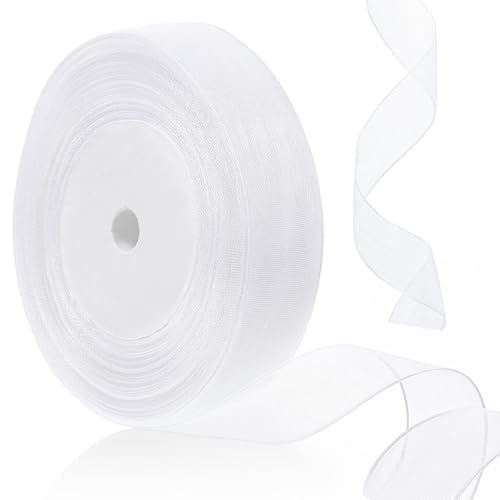 BOHUIZ presentband vit, 20 mm brett organzapanel vit tyllband gåva dekorationerchiffongband för bröllop festliga gåvor födelsedag jul