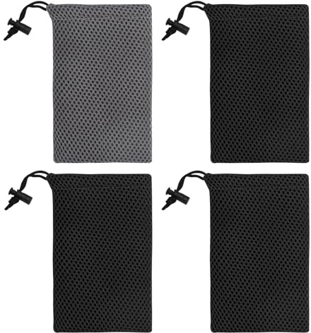 VOSSOT 4 nätpåsar med dragsko – miniväskor 10 x 15,5 cm tillverkade av polyesterfibermaterial för mobiltelefon, powerbank, hörlurar och tillbehör – telefonfodral med hängande plånbok