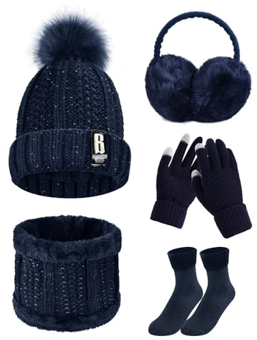 Tuopuda Gorro Bufanda de punto Guantes Invierno Set de Bufanda y Gorro Conjunto de Excursión Esquí de Invierno de Mujeres 5 Piezas, Armada con caja de regalo