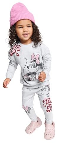 Disney Minnie Mouse Girls Jogger Set – Grey Cotton Sweatshirt & Joggers with Bow and Leopard Print – 2-Piece Kids Tracksuit Outfit, Officially Licensed Loungewear, Ages 2–6 Years