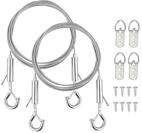 2Pcs Picture Hanging Wires with Hooks, 2m Mirror Hanging Wire, Heavy Duty Stainless Steel Wire Rope for Potted Plants, Chandelier, Photo Frame Hold Up to 176.3lbs(80kg)