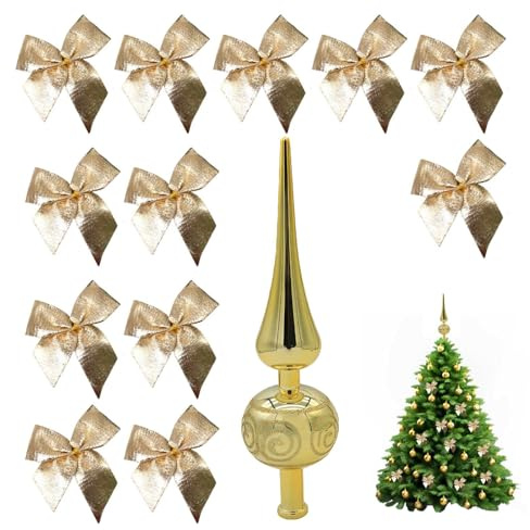 YTAXYZWR Goldene Christbaumspitze mit 12 Schleifen – Weihnachtsbaum Dekoration, Leuchtend glänzende Spitze für Tannenbaum, leichte & stabile Weihnachtsbaumspitze, Innen &
