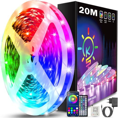 Keepsmile 20m RGB LED Strip Lights with Bluetooth APP, Remote & Timer Control, Dimmable LED Lights for Bedroom, Party, Decoration LED Streifen