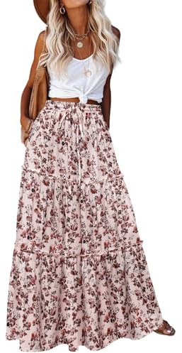 HOTOUCH Womens Skirt Casual Maxi Skirts Elastic High Waist Long Skirts Floral Cluster Beige XXL