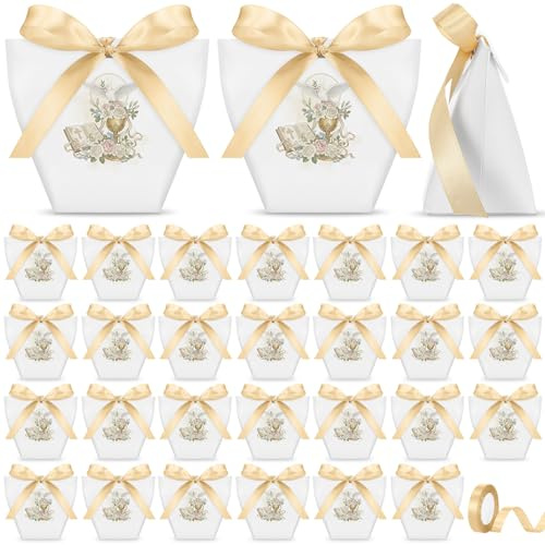 Tenare 50 Piezas Cajas de Confeti para Comunión Confirmación 1 Cinta Dorada Bolsas de Confeti Comunión Regalo para Confirmación, Bautizo, Cumpleaños, Boda
