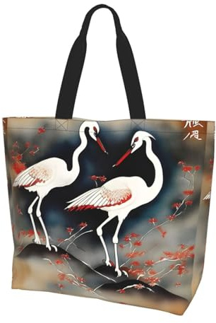 TTIGLHOH Dos grúas japonesas volando pintura tradicional impresa bolsa de mano para mujer, bolsa de hombro reutilizable, bolsos grandes para el trabajo, escuela, compras y actividades al aire libre