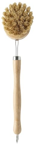 Wooden Dish Brush for Washing Up, Natural Bamboo Kitchen Cleaning Brush with Long Handle, Eco Friendly Scrub Brush for Pots Pans and Sink, Replaceable Head Washing Up Brushes