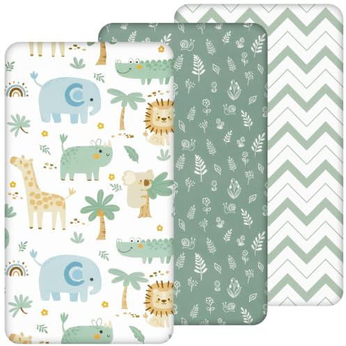Yukkidds Cot Bed Sheets 140 x 70 cm Fitted for Baby and Toddler | Super Soft & Breathable Microfiber, 3 Pack Cotbed Mattress Fitted Sheets 140x70, Green Lion