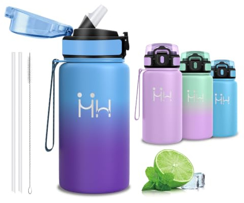 Grsta Botella Agua Acero Inoxidable, Botella Termica 500ml, con Pajita | A Prueba de Fugas, sin BPA, Cantimplora Acero Inoxidable, Acero Inoxidable 18/8, para la Escuela, Oficina, Viajar