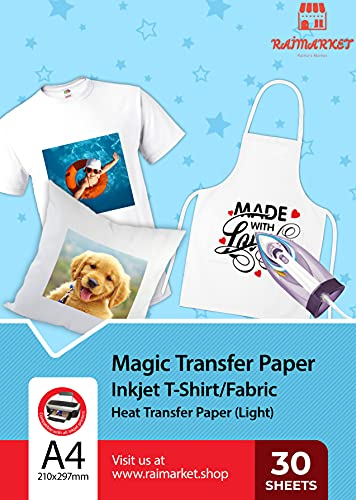 Transferpapier/Bügelpapier/Transferfolie für HELLE Textilien/Stoffe von Raimarket | 30 Blatt | A4 Inkjet Bügeleisen auf Papier/Transferfolie/T-Shirt-Transfers | Textilefolien | DIY