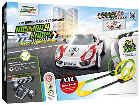 Darda 50255 Rennbahn Set Mission 4 Loops, Autorennbahn Autos, Rennstrecke ca. 6,90 Meter, Bahn mit 4 Loopings, 1 Steilkurve und 1 Rennwagen, Rennauto Spielset für Kinder ab 5 Jahre