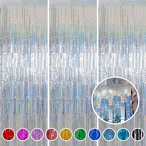 Foil Fringe Curtain New Years Eve Party Supplies 2026 - Melsan 3 Pack 3.2 x 8.2 ft Silver Tinsel Curtain Photo Backdrop for Birthday Party or Disco Party Decorations