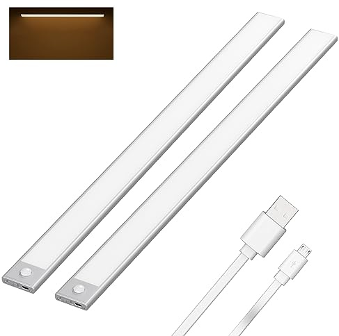 Klighten 2 Stück 60cm Schrankbeleuchtung mit Bewegungsmelder, Unterbauleuchte Küche LED 230LM, 3200 mAh Batterie, Auto/ON/OFF, USB Aufladbar, Magnet Schranklicht, 3000K Warmweiß, Silber
