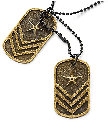 Tvådelat halsband med stjärna och ränder, för män, pojkar, hundtagg med stjärna och ränder, gammal metallfinish, Mässing Metall