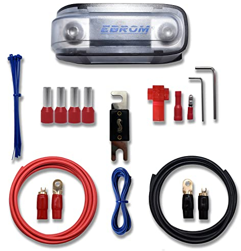 EBROM Batteriekabel Vollkupfer Car Hifi Kabel Set 35 mm2 (AWG 2) 3 m Pluskabel rot + 2 m Massekabel schwarz, ANL Sicherungshalter + 120 A Sicherung + Ringkabelschuhe + Gabelkabelschuhe vergoldet 35mm2
