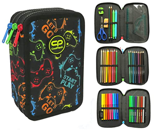 CoolPack XXL Federtasche, federmäppchen Junge, Federmappe Federmäppchen groß 44-teilig mit Aufnäher gefüllte Schüleretui 3-stöckig Motiv: XPLAY, Joystick, Play