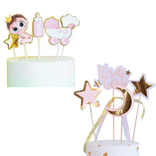 Houhounb It's a Girl Tortendeko Rosa Gender Reveal Cake Decorations Kuchen Topper Mädchen Babyparty Kinderwagen Stern Mond Cake Topper Zubehör Tortendekoration Baby Taufe,9 Stück